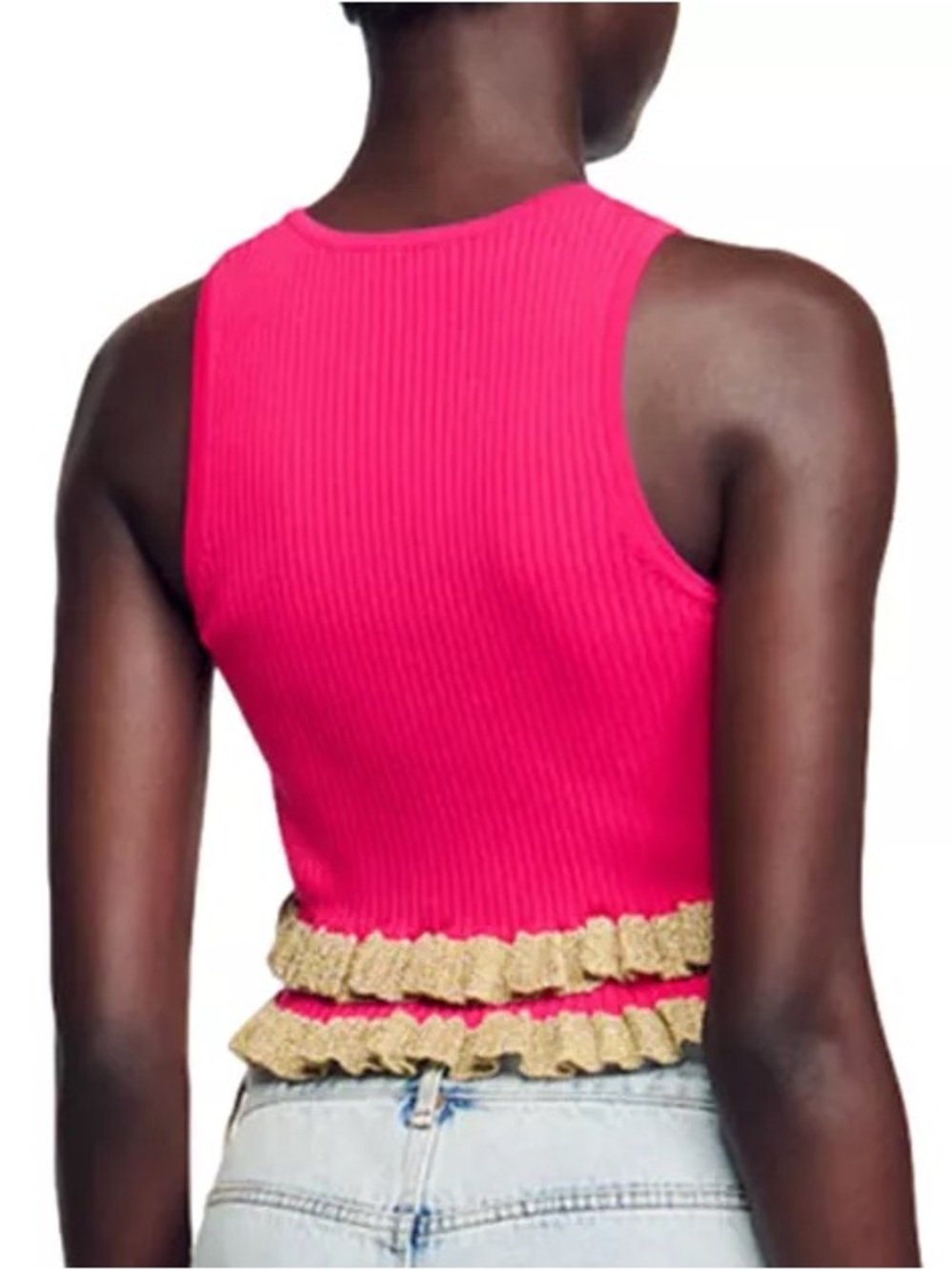 Sandro Hot Pink Ribbed Tank with Gold Ruffle Trim - Picture 2 of 4